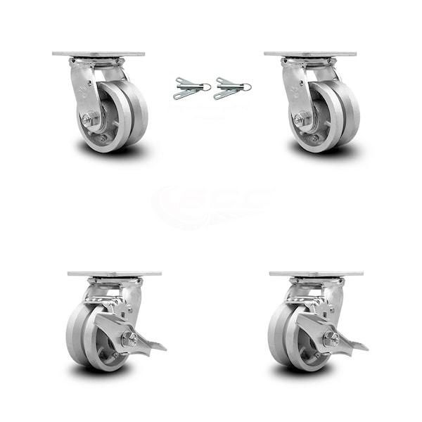 4 Inch V Groove Semi Steel Caster Set with Ball Bearings 2 Swivel Lock 2 Brake